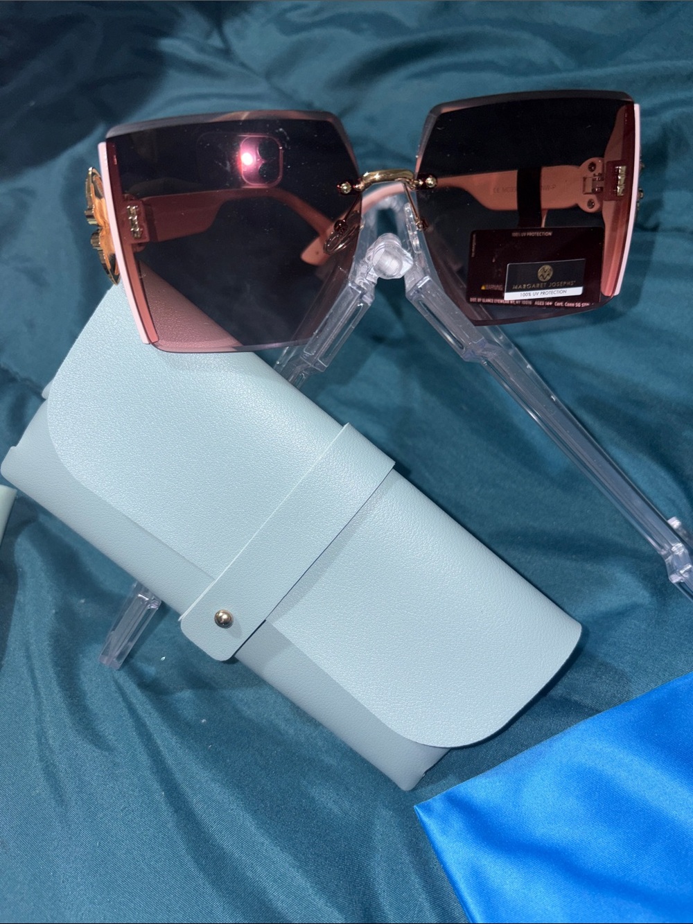 Margaret Josephs - LG Oversized Square Sunglasses in Pink w/ Gold butterfly 🦋 w